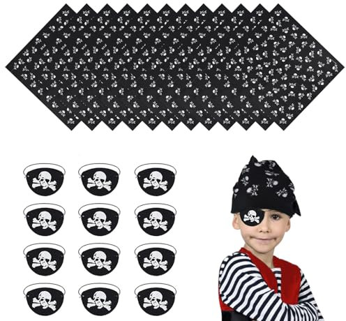 24 Stück Piraten Thema Deko Set, Piratenhut Kinder und Augenklappe Pirat, Skull Bandana für Piraten Partys, Halloween-Deko und Piraten Deko Kindergeburtstag (Schwarz)