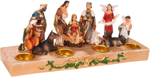BRUBAKER Ljusstake till krubba – julkrubba för ljus med 3 cm Ø – 29 cm bordsspjälsäng julfigur med handmålade figurer Jesus, Maria, Josef och kungar – adventsljushållare