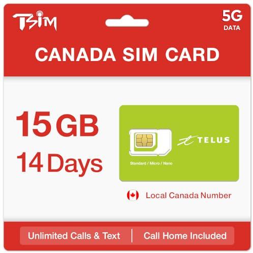 Canada SIM Card for 14 Days | Local Canada Number with Unlimited Calls, Text and 15GB 5G Data | Hotspot Sharing Allowed | Call Home Included