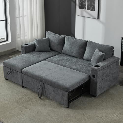 MAXYOYO Corner Sofa Bed with Storage, Pull Out Sectional Sofa Bed with Left/Right Convertible Launge, USB, Cup Holder, Linen Fabric for Living Room Apartment