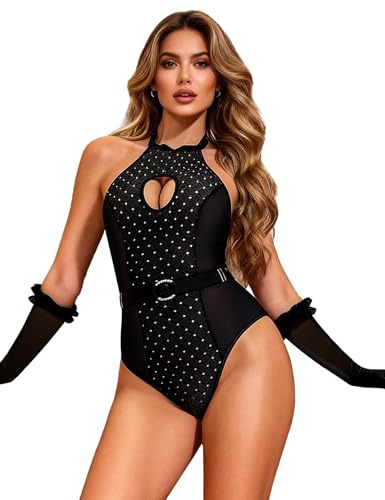 sunshinelady Body de malla brillante para mujer, body con cuello halter, sexy, lencería, transparente, tallas grandes, traje tradicional con botones, cinturón, festival, rave, Negro , XL