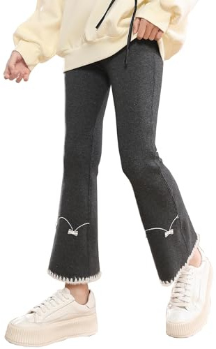 JiAmy flickor utsvängda leggings fleecefodrade byxor varma tjocka klockbyxor för flicka 3-12 år, Mörkgrått, 9-10 År