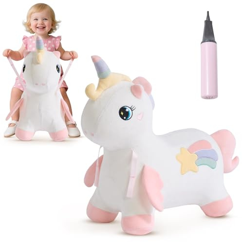 FUNLIO Cavallo a Dondolo Unicorno, Gonfiabile per Bambini 1,5-5 Anni, Rivestimento Rimovibile e Lavabile, Giocattolo Cavallo Unico, Certificato CPC & CE