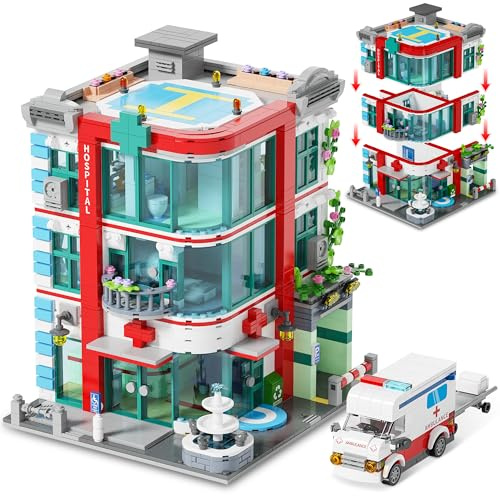 LuxRebuty City Hospital Building Block Set, Architecture Building Set for Adults with Ambulance, Miniature Hospital World, Detailed Craftsmanship & Immersive Roleplay for Collectors & Gifts, 1888Pcs