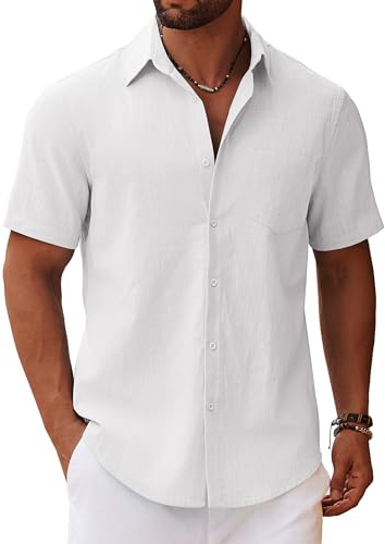 COOFANDY Camisa de Manga Corta para Hombre Camisa de Verano Camisa de Lino Casual Camisas de Algodón con Bolsillo Camisas en el Pecho de Playa Vacaciones Blanco 3XL