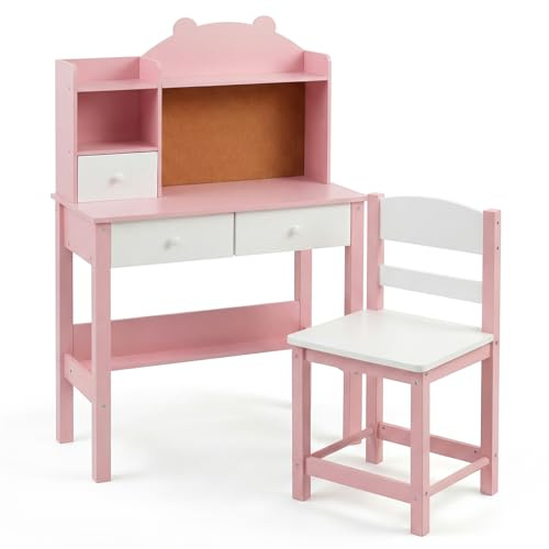 GYMAX Kids Desk and Chair Set, Children Writing Table with Drawers, Storage Hutch, Cork Board and Bottom Shelf, Wooden Study Desk Set for 3 Years Old+ Boys Girls, 70x34x110cm (Pink + White)