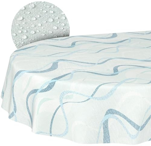 Nappe en Toile cirée Lavable, Facile d'entretien, imperméable, Effet Lotus, pour l'extérieur, Nappe de Jardin, Motif Vagues, Bleue, Ovale, 180 x 140 cm, Bord coupé