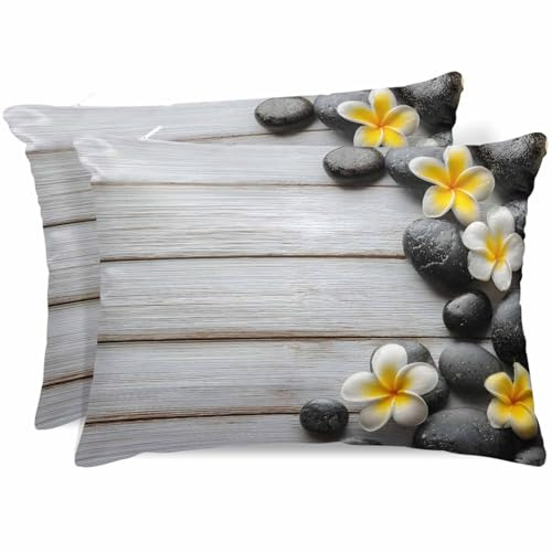 Yellow Egg Flowers Pillowcase Queen Size with Hidden Zipper,Silky Soft Satin Throw Bed Pillow Cover Case,Plumeria Floral Stone Farmhouse Wooden Breathable Bed Pillow Sham Protector 2 Pack 20x30
