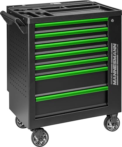 Brüder Mannesmann AUTOMOTUS Werkstattwagen bestückt 262-tlg. | Werkzeugwagen mit 7 Schubladen, Bluetooth-Lautsprecher, LED-Schriftzug & ausfahrbarer Werkzeugwand | für KFZ-Werkstatt & Garage | M28292