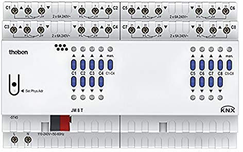 Theben 4940255 JM 8 T KNX FIX2 Jalousieaktor 8-fach REG | DIN-Schiene/Hutschiene, 8 Kanäle 6 A, Jalousien/Rollladen/Raffstore, Kopierfunktion, Handbedienung, KNX TP