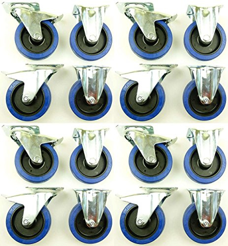 4 Satz 125mm Blue Wheels Lenkrollen mit Bremse/Feststellbremse + Bockrollen, Transportrollen Blau, 200kg / Rad - INDUSTRIEQALITÄT (8x Brems + 8x Bock)