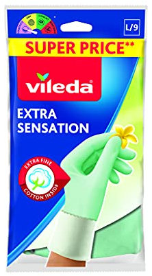 Vileda Extra Sensation, guanti in lattice con rivestimento interno in cotone, massima sensibilità al tatto, adatto per lavori domestici delicati, vestibilità aderente, 3 misure: S-M-L, confezione da 3