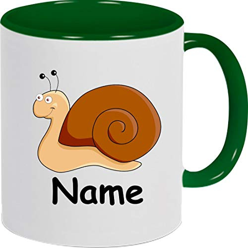 Shirtinstyle Kindertasse, Teetasse, Tasse, Schnecke mit Wunschnamen, Wunschtext, Spruch, Kinder, Tiere, Natur, Kaffeetasse, Pott, Becher, Farbe gruen