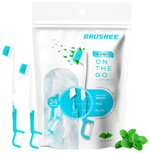 Brushee - The Evolution of Oral Care | 4-in-1 Tool (Paste + Brush + Floss + Pick) | Individually Wrapped | Disposable | Prepasted Travel Toothbrushes | Small Adult Toothbrush - (24-Pack)