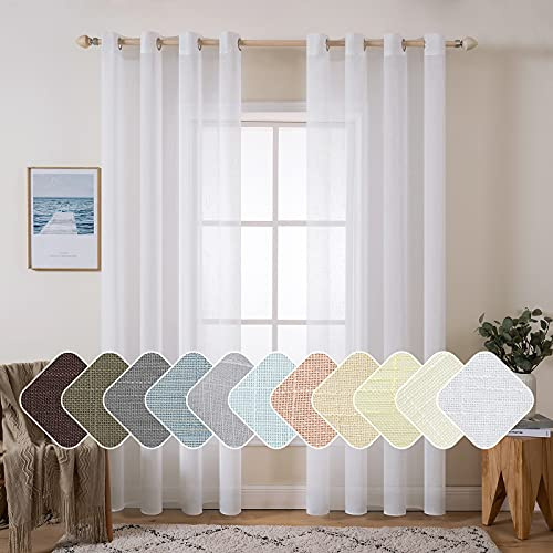 MIULEE Natural Linen Sheer Window Curtains - Elegant Solid White Drapes Grommet Top Voile Panels for Bedroom Living Room (52X90 Inch)
