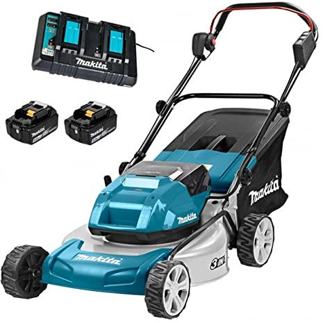 Makita DLM460PT2 Akku-Rasenmäher 2 x 18 V/ 5,0 Ah, 2 Akkus + Doppelladegerät, Blau