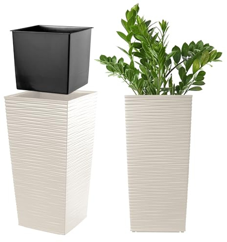 KADAX Pflanzkübel mit Innentopf, Höhe 36.5cm, 18x18cm, ca. 6L – Creme, Frostsicherer Blumentopf für Innen & Außen, Garten, Balkon & Terrasse, UV-beständig, wetterfest