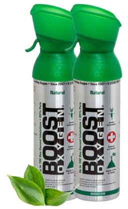 Boost Oxygen Sauerstofflasche für Unterwegs mit 95% Sauerstoff - 10L, 2x5L Sauerstoffdose mit Sauerstoffmaske für mehr als 200 Inhalationen - mobiler Sauerstoff Inhalator (Natürlicher Geschmack)