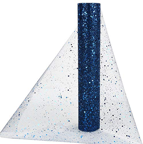 Tüll Stoff 30cm 9M Dekostoff Tüll Rolle Tischläufer mit Glitzern aus Tüllstoff Tischband Tüllband für Hochzeit Kommunion Weinachten Fest Dunkelblau