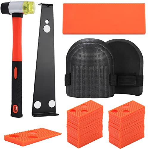 SHEENO Kit d'installation pour Parquet Stratifié,Kit d’installation pour Parquet Revêtement Sol avec 40 Entretoises,Barre de Traction,Bloc de taraudage en caoutchouc,Maillet à double face,Genouillères