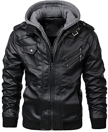 Hebezn Men's Aviator Real Leather Jacket Coat With A Removable Hood Winter Warm Casual Motorcycle Bomber Coat (Color : Black, Size : XXL)