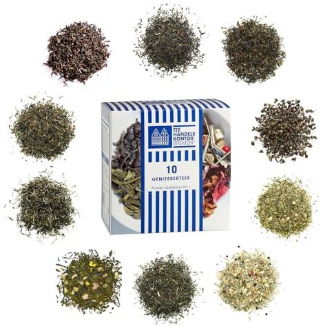 TEE HANDELSKONTOR BREMEN Tee-Genießerkollektion 39 g | Geschenkbox mit 10 Sorten Schwarzer, Grüner und Kräutertee | Exquisites Probierpaket für Teeliebhaber