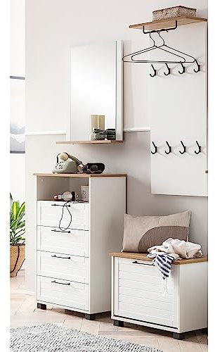 Lomadox Flurgarderobe im Landhaus Stil, 4-teilig, in weiß matt mit Eiche Nb. | 1 Spiegel, 1 Flurkommode, 1 Garderobenpaneel, 1 Schuhbank