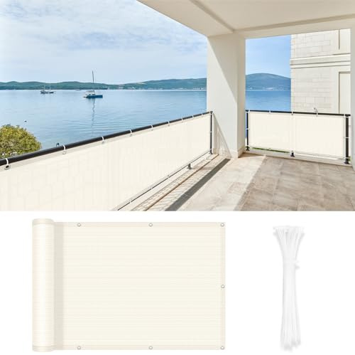 LOVE STORY Balkon Sichtschutz 80x500cm Balkonverkleidung Balkonabdeckung | Balkonbespannung Ohne Bohren Wetterfest HDPE,Windschutz und UV-Schutz mit Kabelbinder für Balkongeländer-Cremeweiß