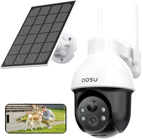 aosu Solar Security Camera Wireless Outdoor System, 3K/5MP Battery Powered WiFi Camera for Home Security, Panoramic PTZ, Auto Tracking, Human/Vehicle Detection, Night Vision, Spotlights, 2-Way Talk