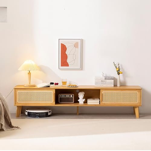 TV Bank Bambus Lowboard, Schiebetüren, TV Tisch Fernseher Schrank TV Cabinet TV Möbel für Fernseher Bis 70 Zoll (Color : Rattan Door, Size : 1.4m-no Drawer)