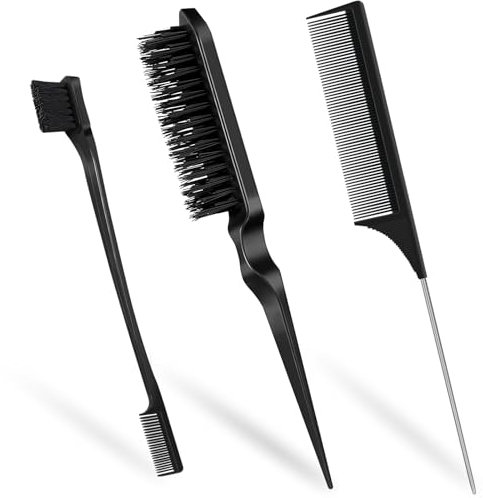 soodyoow 3 Pcs Slick Back Hair Brush, Black Edges Brush, Bristle Hair Brush Teasing Brush, Rat Tail Hair Comb for Hairdresser Teasing Hair Slicking Brushing Combing Styling