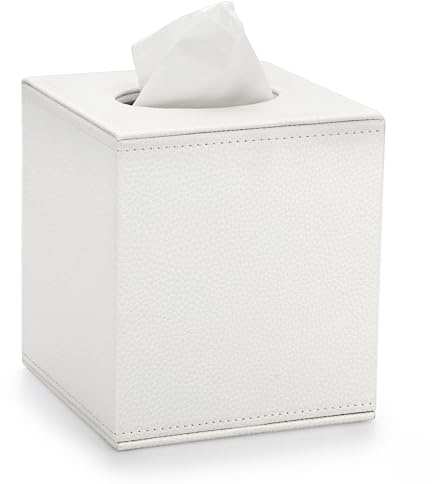 BTSKY Würfelförmiger Taschentuchhalter aus PU-Leder – Haushalt/Büro, quadratische Taschentuchbox, strukturierter Seidenpapier-Box, Serviettenhalter, weiß