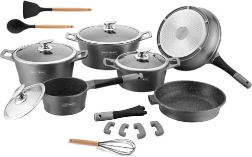 Royalty - Batería de cocina profesional de aluminio fundido antiadherente, revestimiento de piedra volcánica para placa de inducción y gas, tapas de cristal, utensilios incluidos RL-ES1014M (plateado)