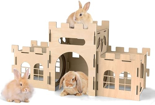 HIIMALEX Extra Large Rabbit Castles Hideout Split Balcony Indoor Rabbit Climbing Tower with Tunnel Sturdy House for Rabbits Ferret Guinea Pig Hamster Ventilated