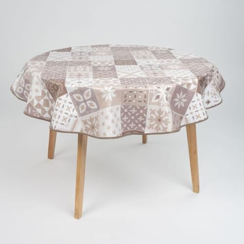 laro 140cm runde Wachstuch Tischdecke abwaschbar Wachstuchtischdecke mit Saum-Eingefasst-Paspelband, Muster:Mustergeflecht Beige Braun, Größe: Rund 140cm