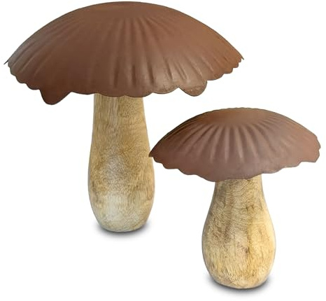 Spetebo Mango Holz Pilz mit Metall Schirm 2er Set - 15/10 cm - Wald Deko Tisch Figur mit Rost Optik - Herbst Aufsteller Dekofigur zum Hinstellen