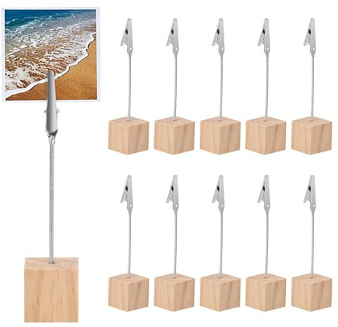 Dokeno 10 Pièces Mémo Porte Pince, 13cm Porte Photo Pince Mémo Carte Pince Porte Photo avec Pince Crocodile et Base en Bois Pince Porte Nom Pour la Décoration de Bureau Mariage Fête Maison