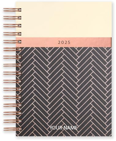 Matilda Myres Terminplaner 2025, A5, ein Tag pro Seite, rotgoldener Spiralbindung, Januar bis Dezember, fester Einband, personalisierte Version, Schwarz