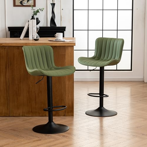 YOUNIKE Taburetes Altos de Cocina Juego de 2, Taburetes de Bar Giratorios de Cuero PU, Sillas de Bar de Altura Ajustable, Taburetes Cocina con Respaldo, Silla Alta para Bar, Verde Oliva