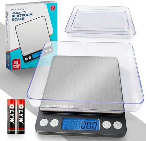 PORTENTUM Küchenwaage Digitale Profi (Hochpräzise 0.01g-500g)- Feinwaage mit LCD Display und 2 Batterien, Briefwaage Abstellautomatik und Tara, Kitchen Scale Klein mit 6 Maßeinheit