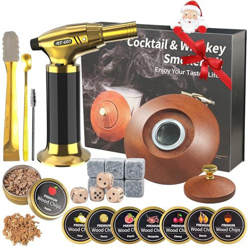 Kit fumoir cocktail avec torche - 6 saveurs copeaux de bois pour whisky et bourbon, cadeaux pour hommes (sans butane)