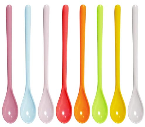 VEGCOO 8 Stück Plastik Löffel Lang, Bunte Plastiklöffel Kunststofflöffel Mehrweg, Eierlöffel Plastik, Kunststofflöffel Joghurt, Lange Eislöffel Plastik, Dessertlöffel Plastik, Marmeladenlöffel Lang