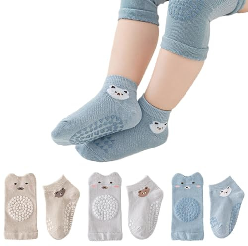 Separate Knieschoner Bodensocken, Baby Krabbelknieschoner + Baby Krabbelsocken, 3 Paar Anti-Rutsch-Gummipunkte Krabbler Baby Krabbelknieschoner Geeignet für 0-1 Jahre altes Baby