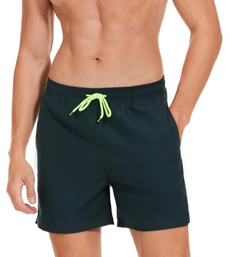 AMZSPORT Badshorts för män Boardshorts vattentät baddräkt med fickor och nätfoder, Mörkgrön, M