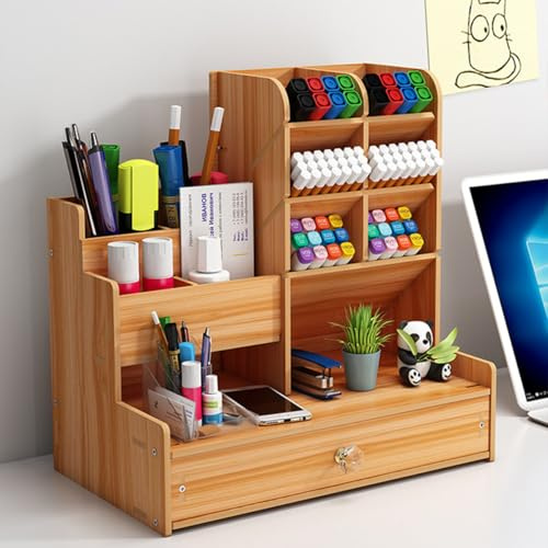 Laneryin Wooden Desk Organiser DIY Desktop Desktop Organizer Large Capacity Office Storage Box with Drawer for Home Office and School