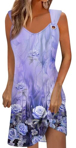 uxxnjfg Robe Longue Femme Ete Grande Taille Robe Grande Taille Fleurie Femme sans Manches Robes Mi Longue Fluide Col Rond Dress