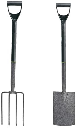 Carbon Steel Garden Fork and Spade Set Long Handled Gardening Tools | Heavy Duty Digging Spade & 4-Tine Fork | Ergonomic Y-Dee Handle | Rust-Resistant, Durable & Lightweight – Grey