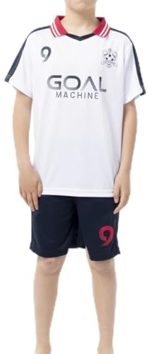 ALPHADVENTURE - Fotboll barn sport set, 2-delad träningsoverall, kortärmad t-shirt set med speciell krage och shorts med fickor för sport - storlekar 6 till 14 år, vit/blå, 14 år