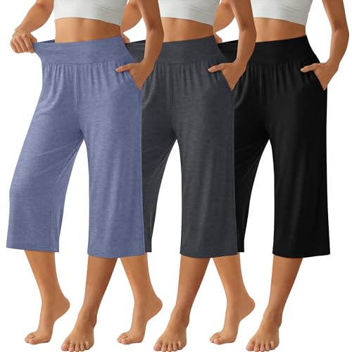 Neer Lot de 3 Pantalons Capri pour Femme | Jambe large, taille haute, ample, longueur cheville, été, vêtements de détente avec poche