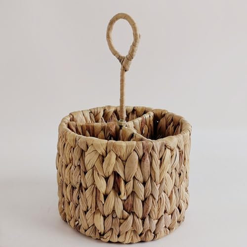Grugoods Wicker Flatware Storage Basket with Handle for Countertop Natural Handwoven Water Hyacinth Rattan Utensil Caddy Cutlery Holder Silverware Organizer with 3 Compartments